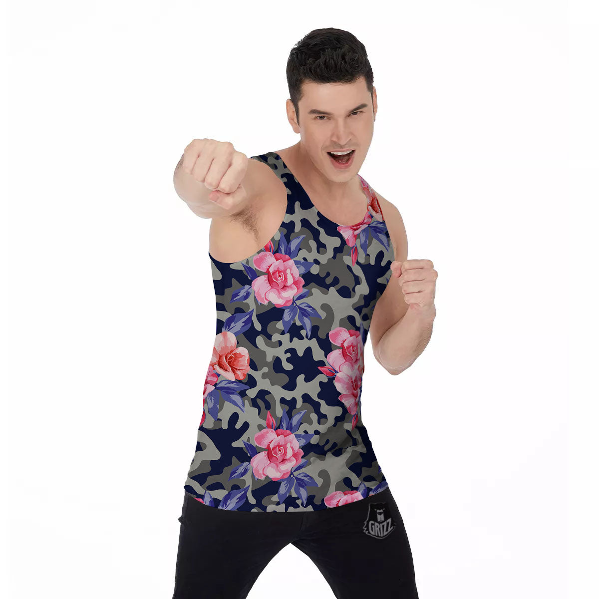 Camouflage Flower Pink Rose Print Men's Tank Top-grizzshop