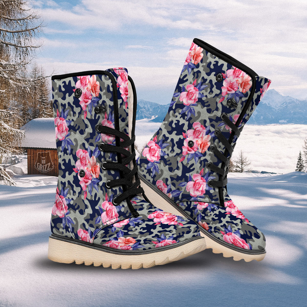 Camouflage Flower Pink Rose Print Snow Boots-grizzshop