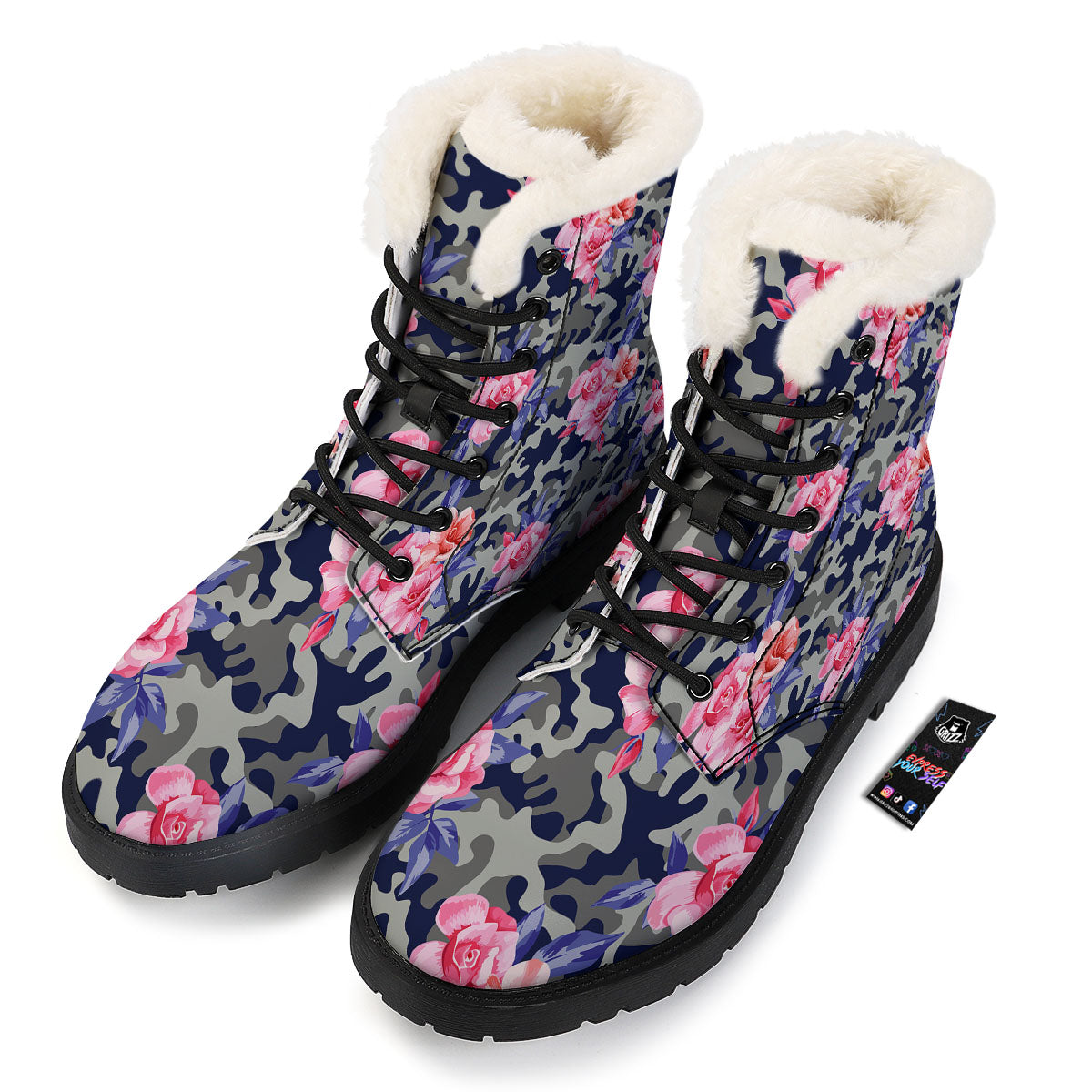 Camouflage Flower Pink Rose Print Winter Boots-grizzshop