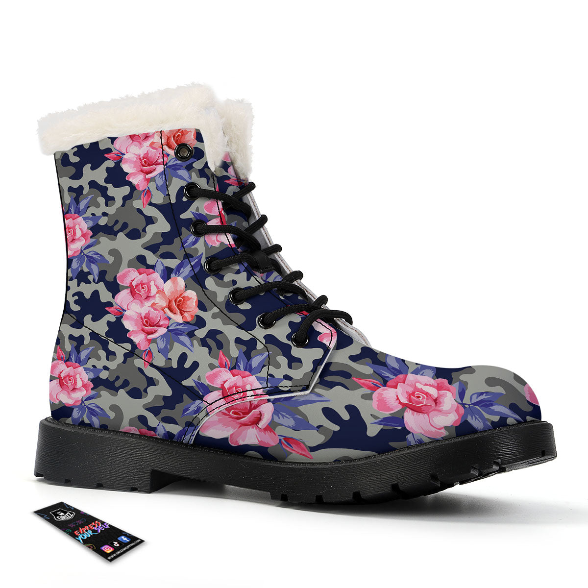 Camouflage Flower Pink Rose Print Winter Boots-grizzshop
