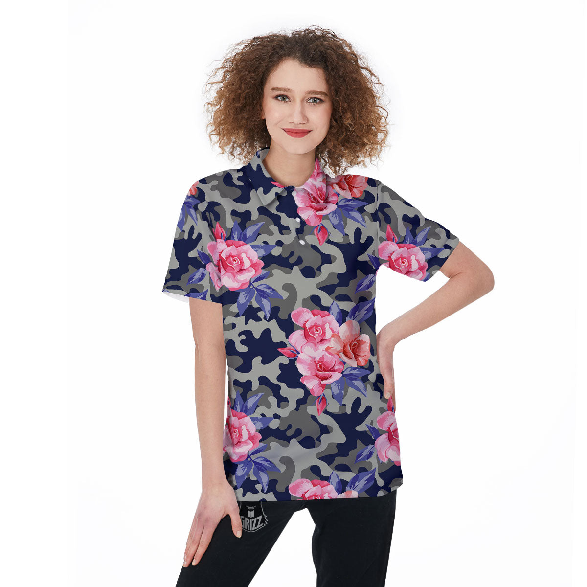 Camouflage Flower Pink Rose Print Women's Golf Shirts-grizzshop