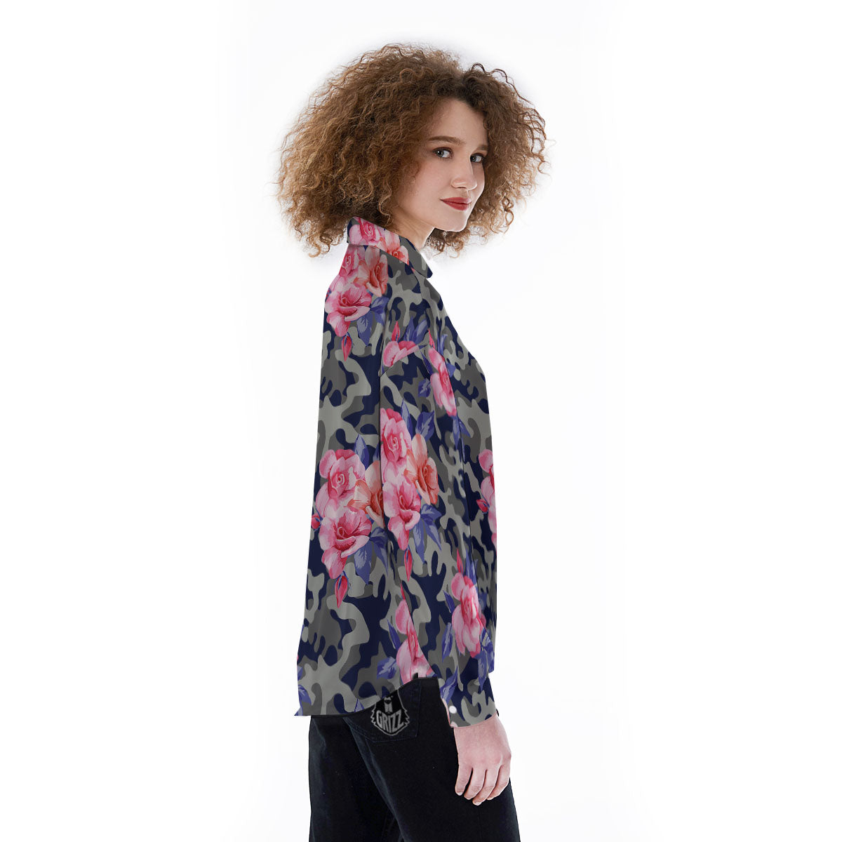 Camouflage Flower Pink Rose Print Women's Long Sleeve Shirts-grizzshop