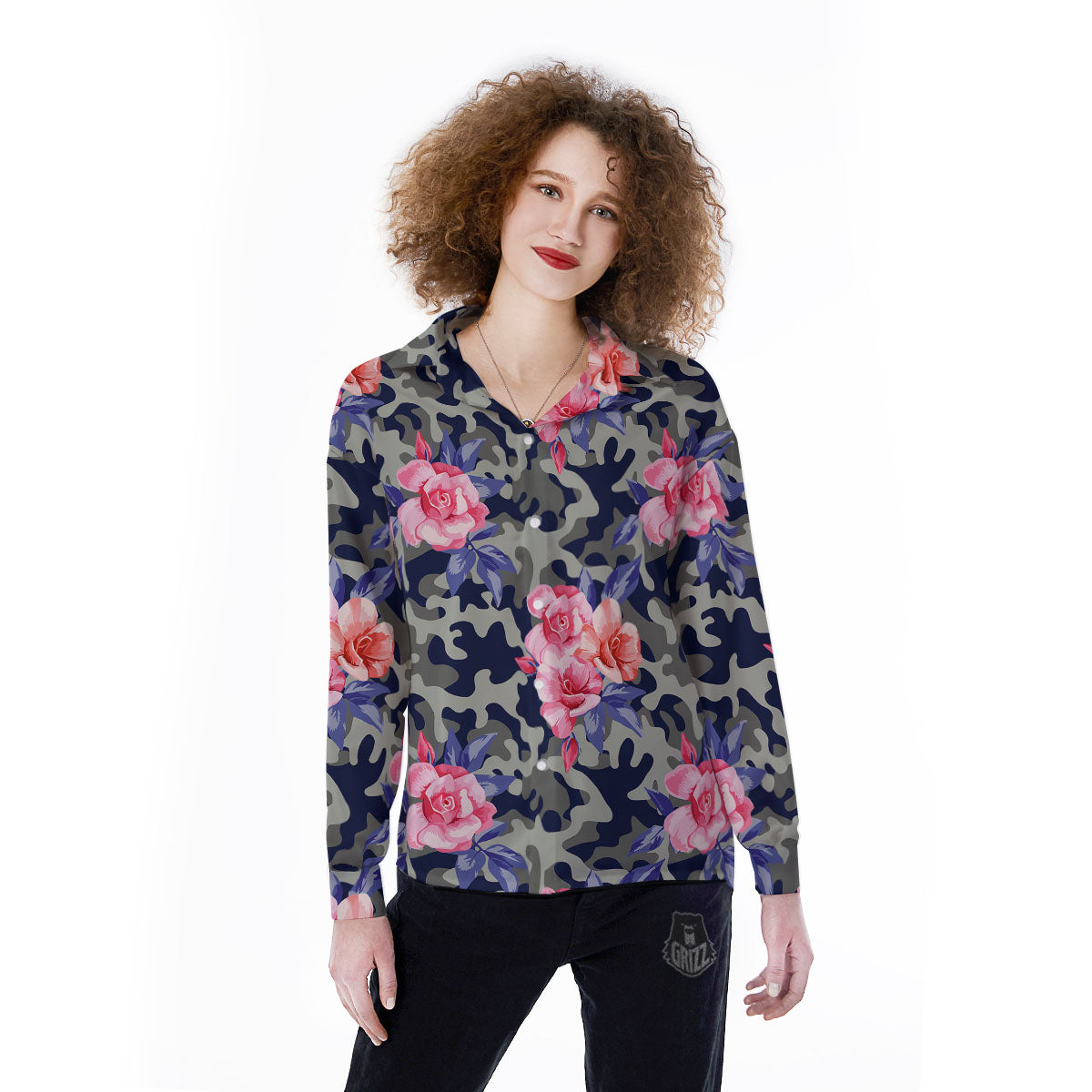 Camouflage Flower Pink Rose Print Women's Long Sleeve Shirts-grizzshop