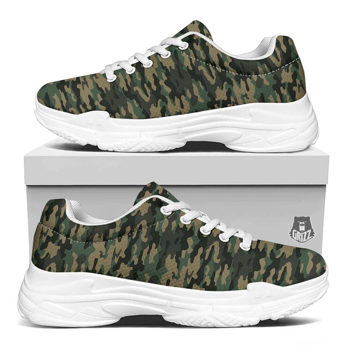 Camouflage Forest Green Print White Chunky Shoes-grizzshop
