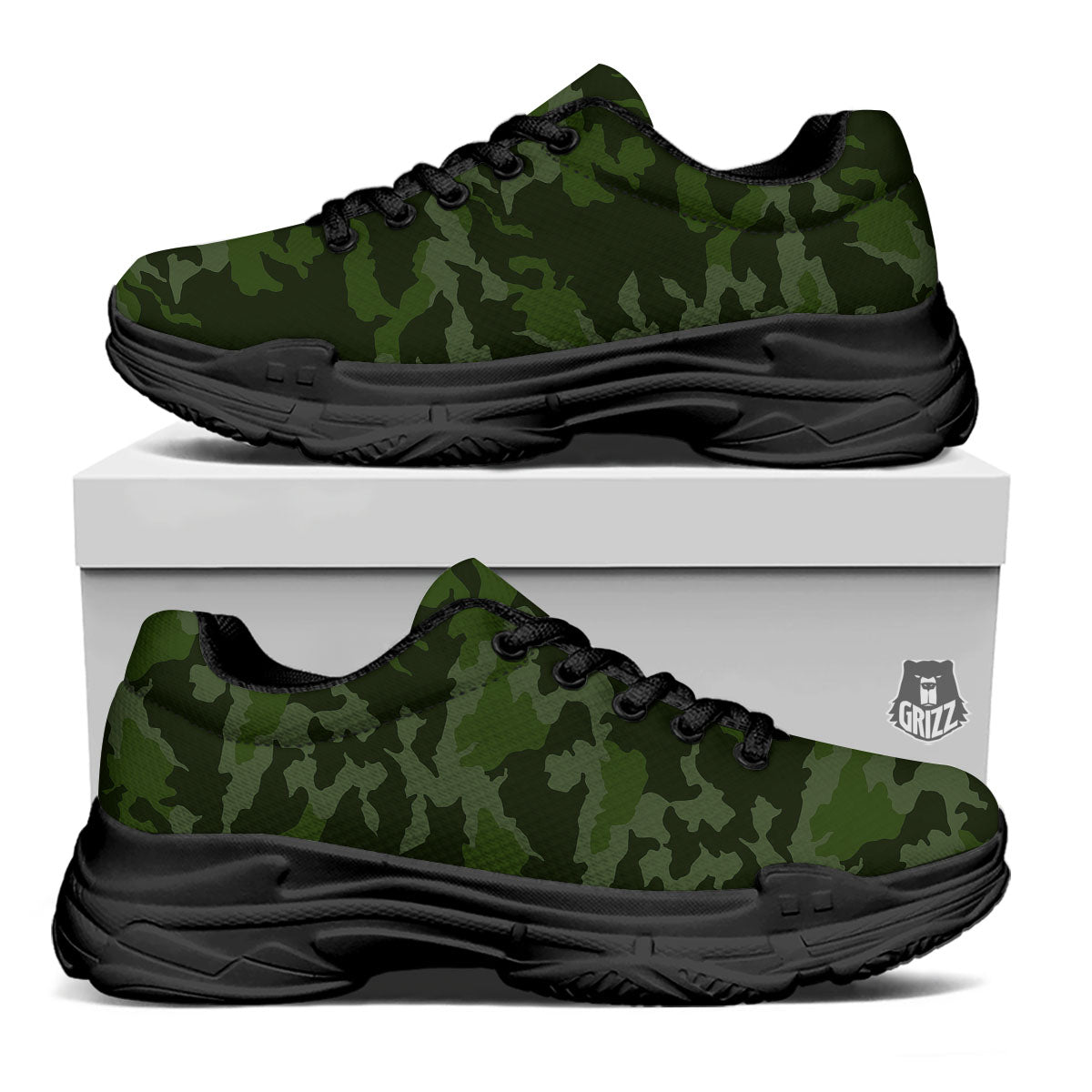 Camouflage Green And Black Print Black Chunky Shoes-grizzshop