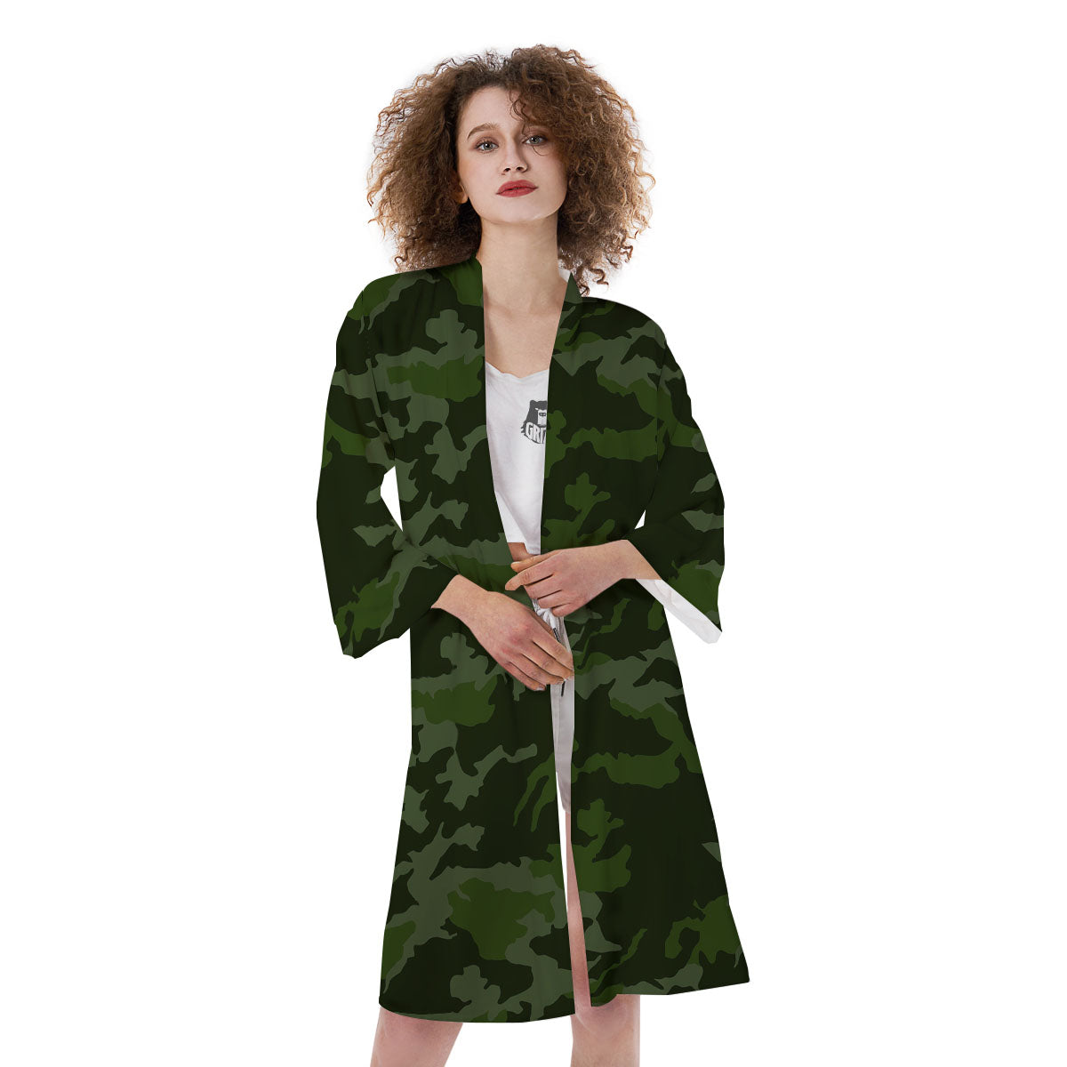 Camouflage Green And Black Print Kimono-grizzshop