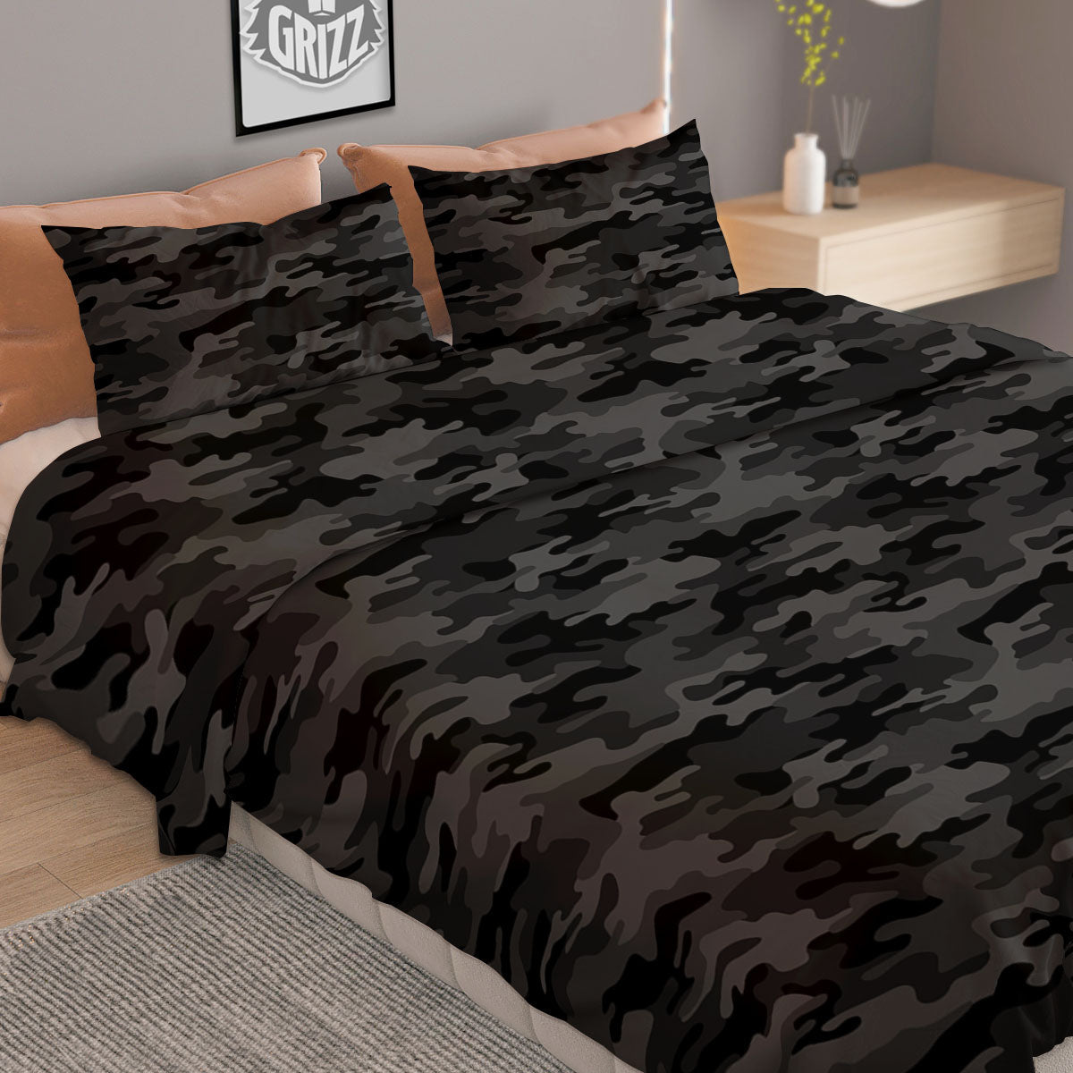Camouflage Grey And Black Print Duvet Cover Bedding Set