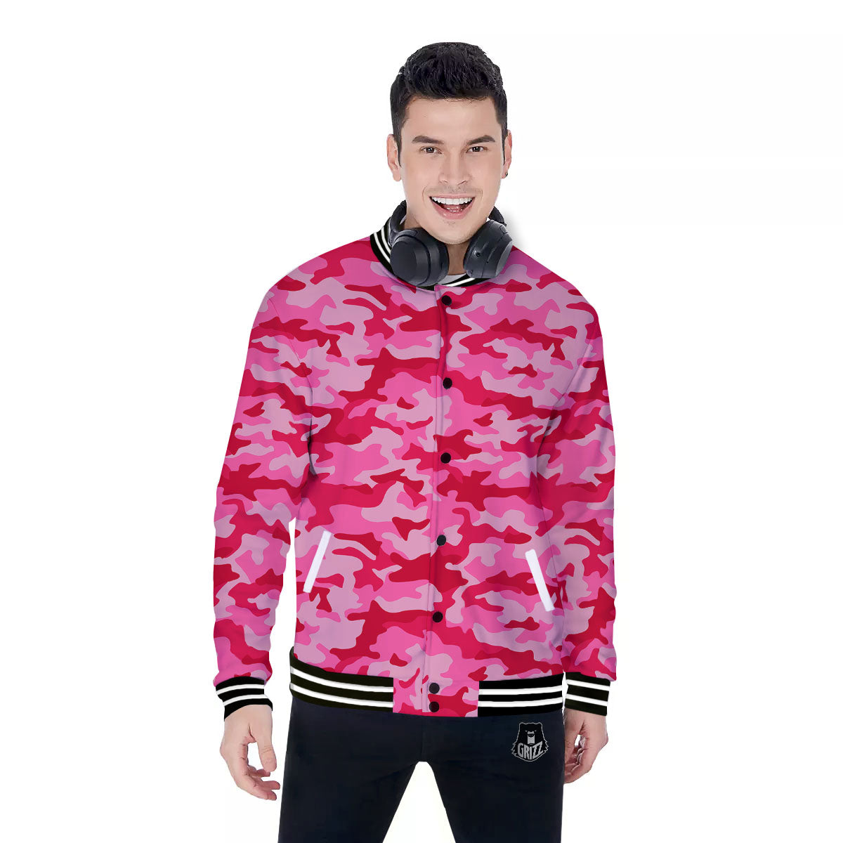 Camouflage Hot Pink Print Baseball Jacket-grizzshop