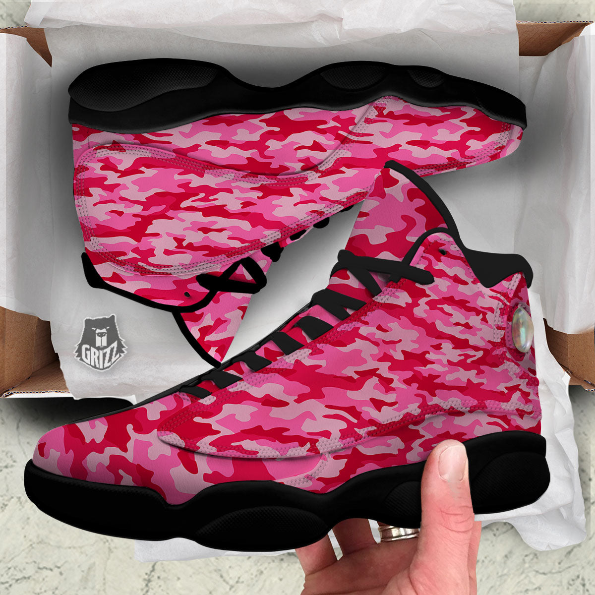 Camouflage Hot Pink Print Black Basketball Shoes-grizzshop