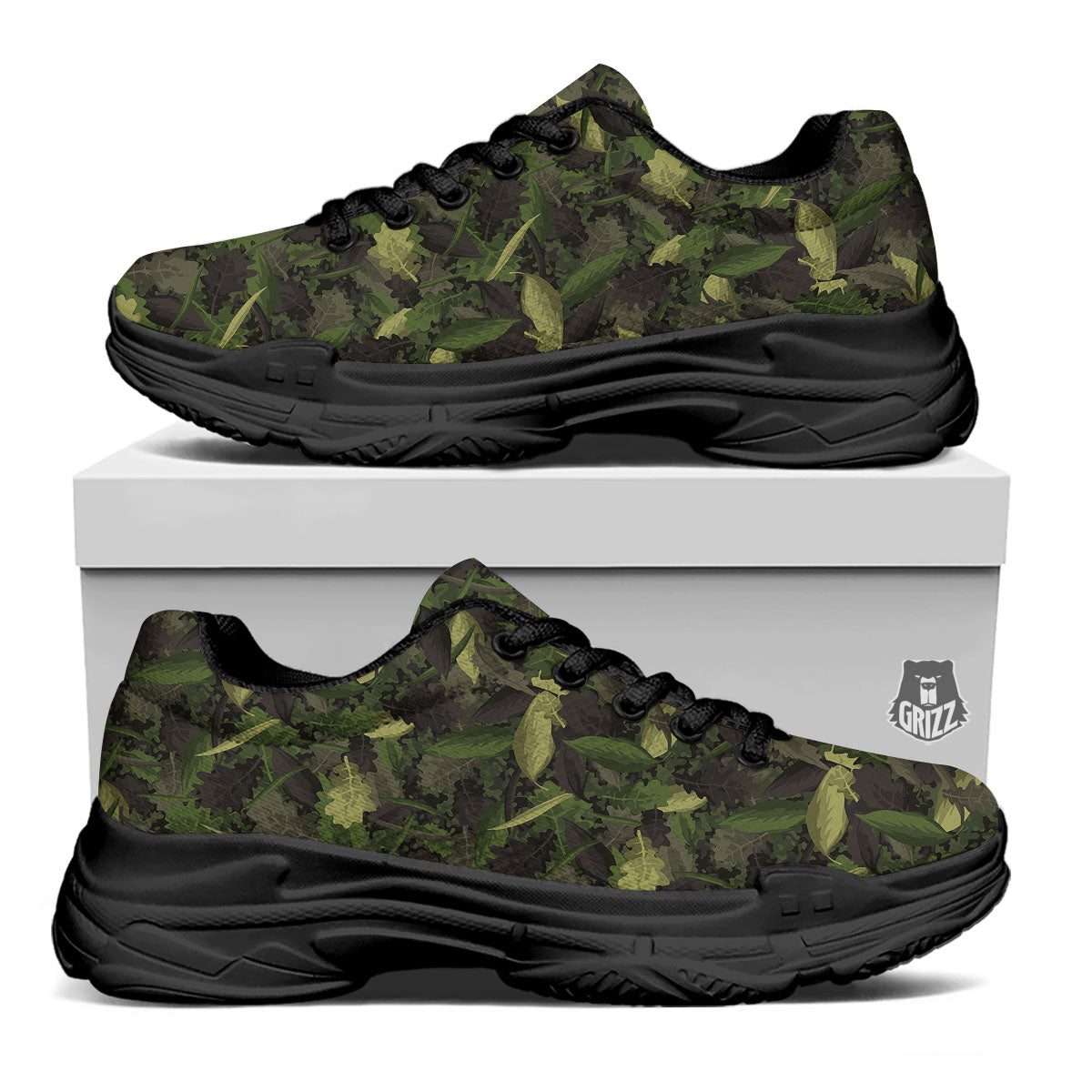 Camouflage Hunting Oak Tree Print Black Chunky Shoes-grizzshop