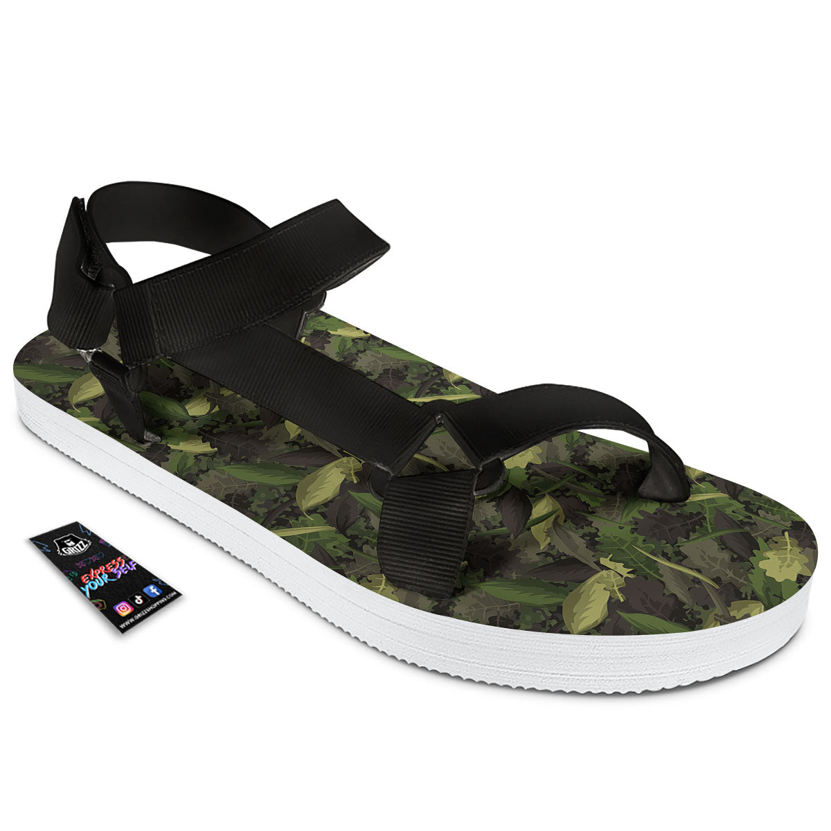 Camouflage Hunting Oak Tree Print Black Open Toe Sandals-grizzshop