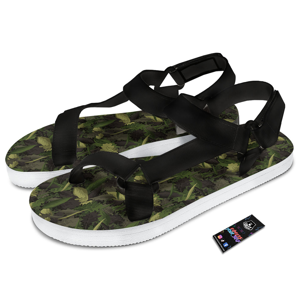 Camouflage Hunting Oak Tree Print Black Open Toe Sandals-grizzshop