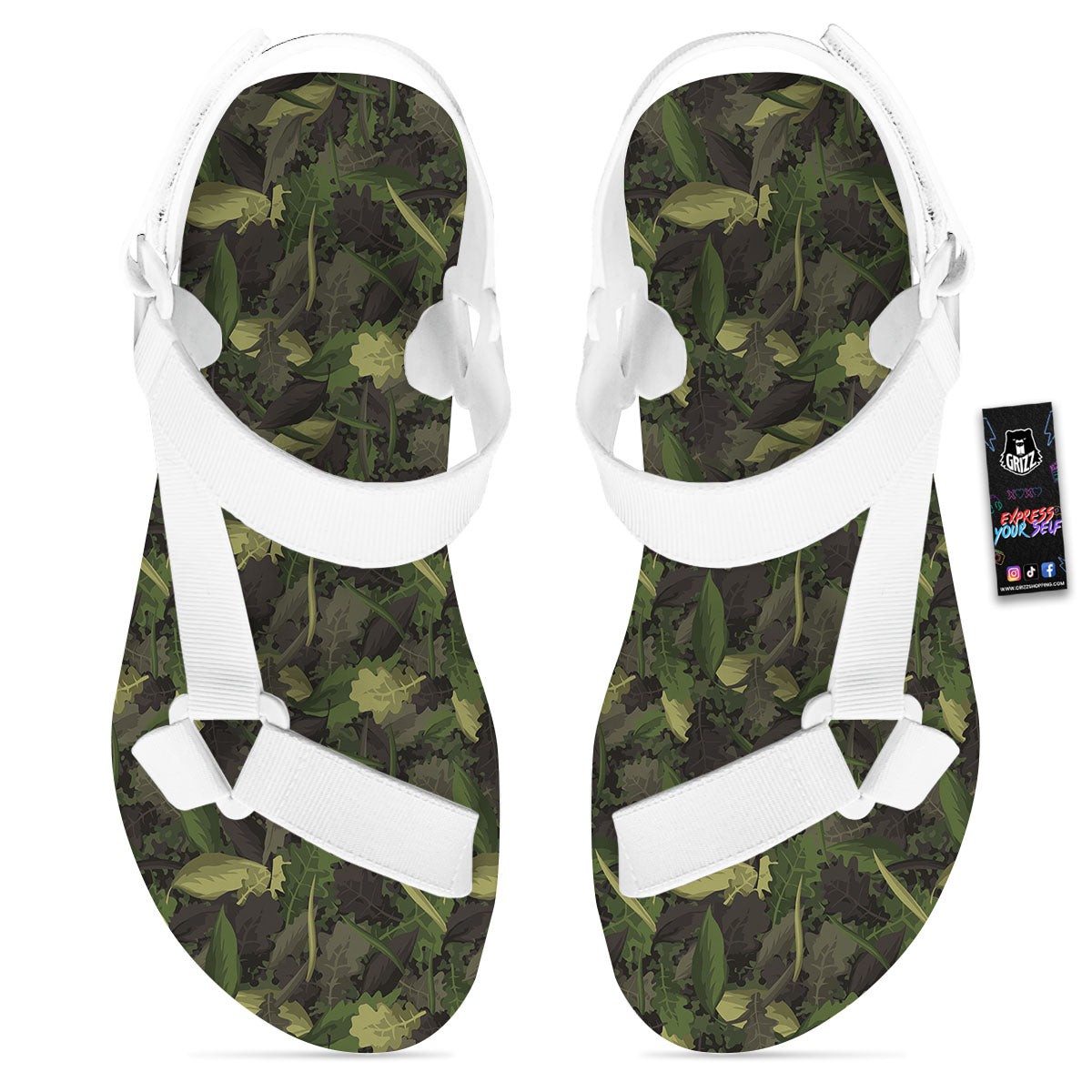 Camouflage Hunting Oak Tree Print White Open Toe Sandals-grizzshop