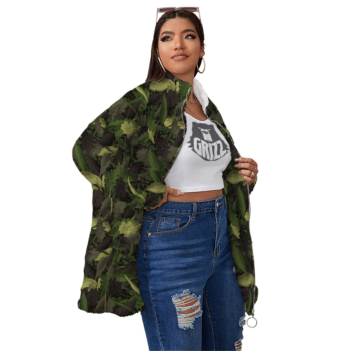 Camouflage Hunting Oak Tree Print Women's Sherpa Jacket-grizzshop