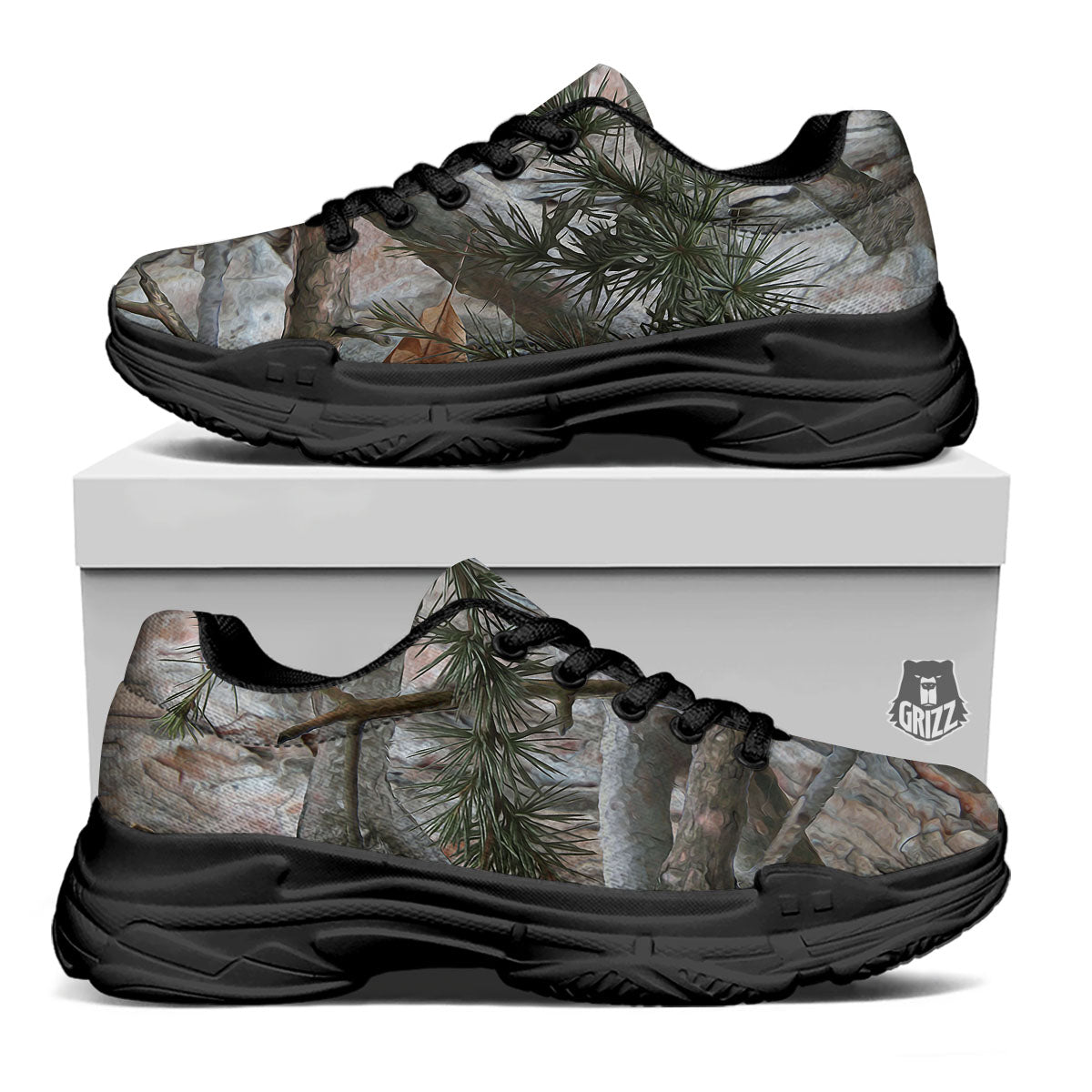 Camouflage Hunting Print Pattern Black Chunky Shoes-grizzshop