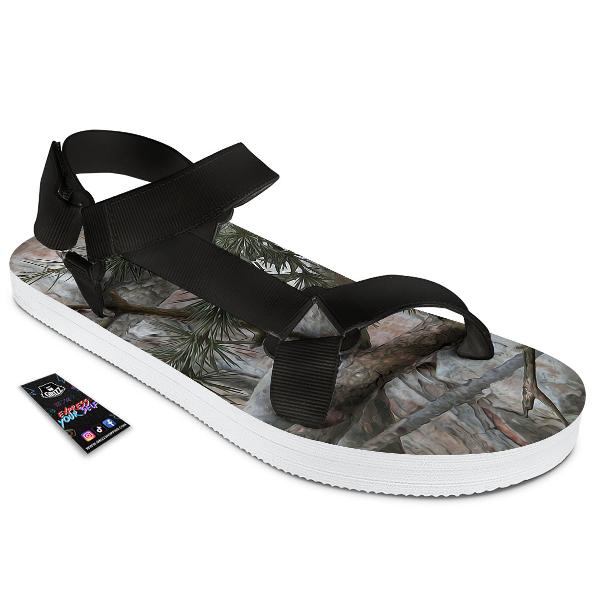 Camouflage Hunting Print Pattern Black Open Toe Sandals-grizzshop