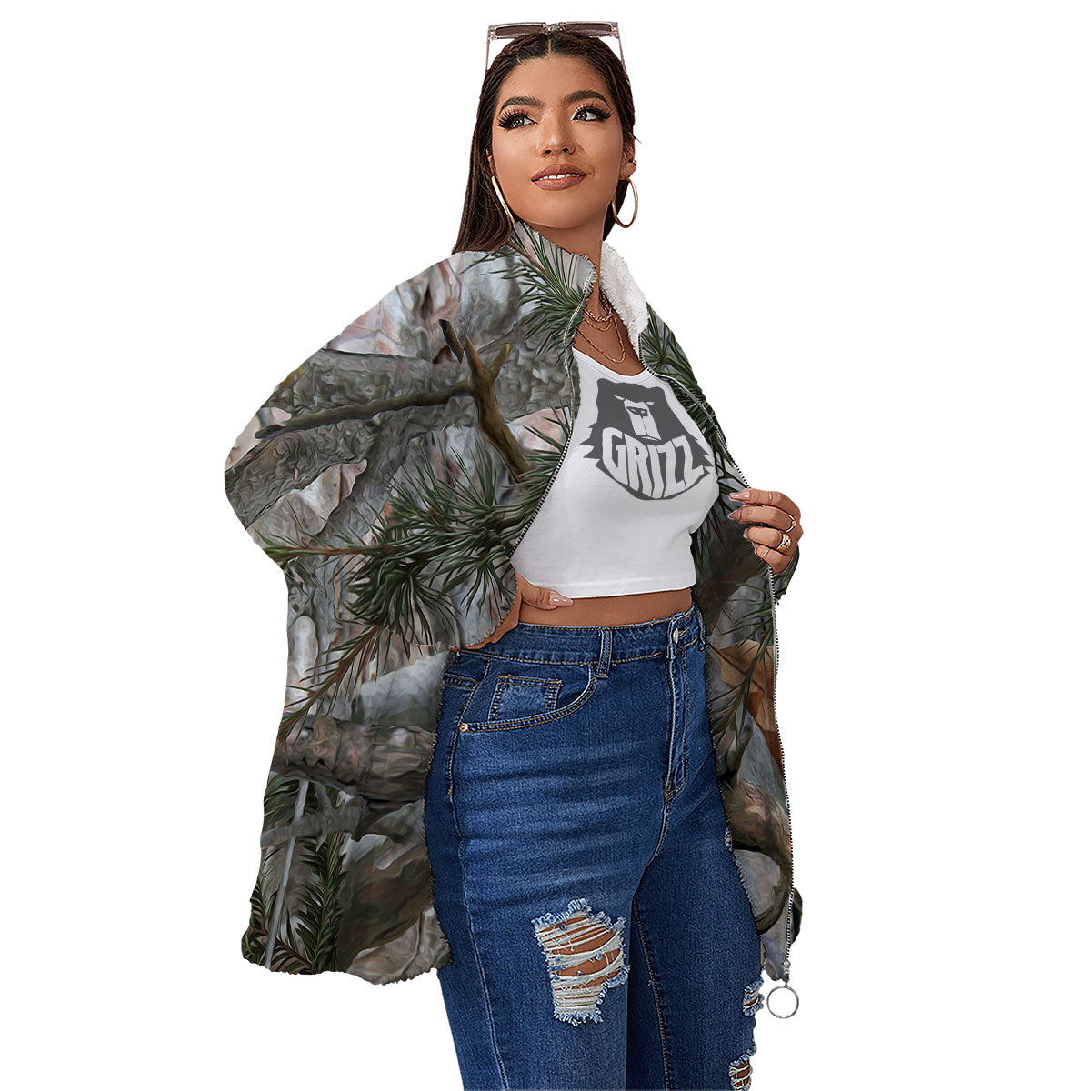 Camouflage Hunting Print Pattern Women's Sherpa Jacket-grizzshop