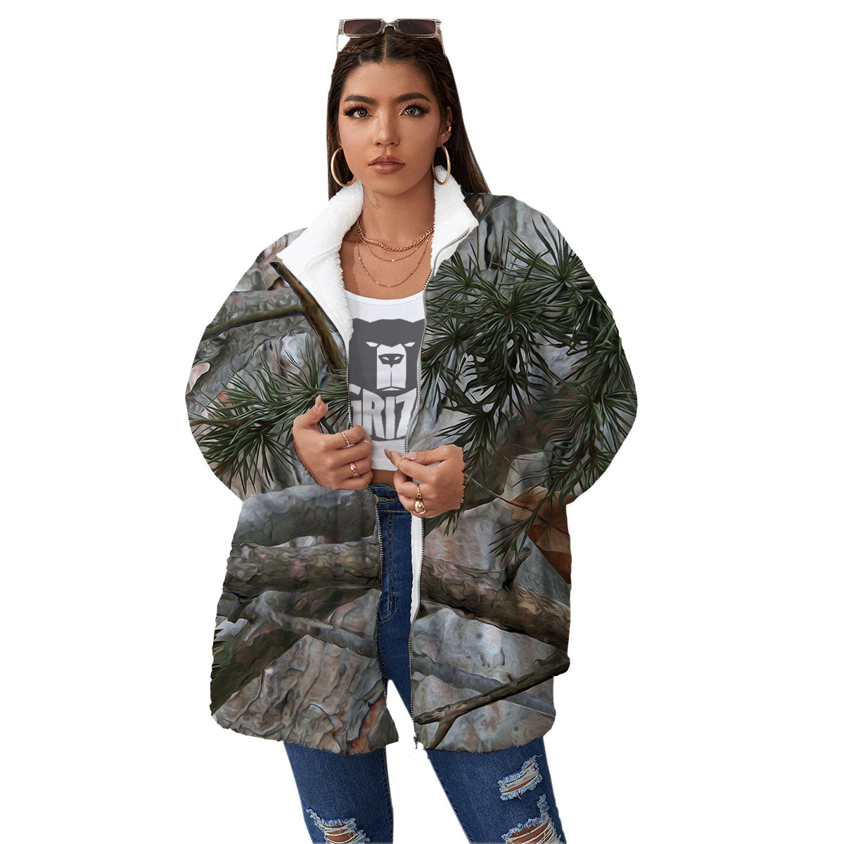 Camouflage Hunting Print Pattern Women's Sherpa Jacket-grizzshop