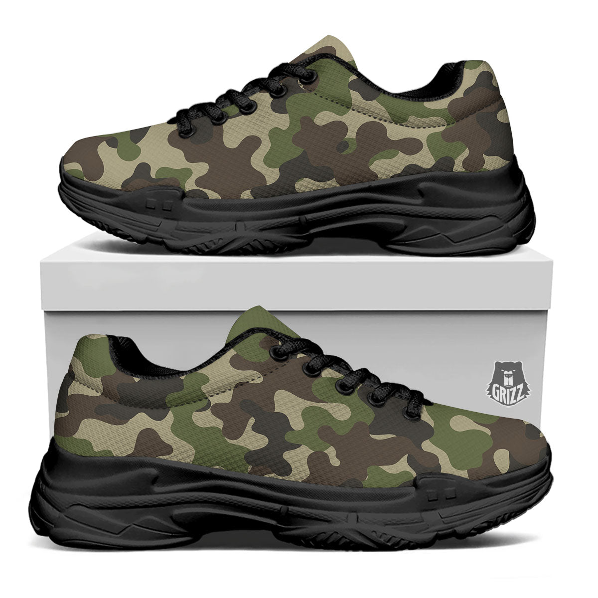 Camouflage Jungle Hunting Print Black Chunky Shoes-grizzshop
