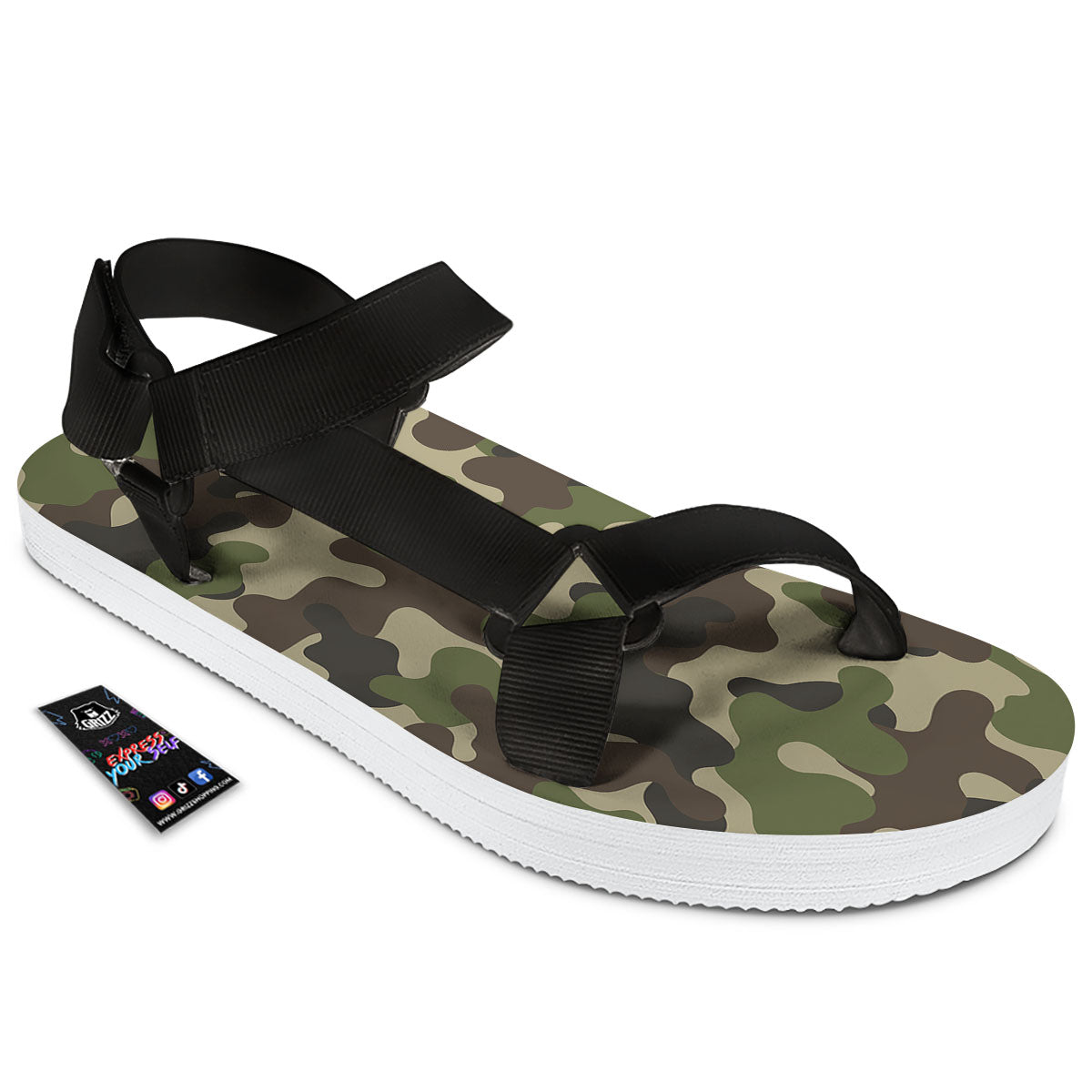 Camouflage Jungle Hunting Print Black Open Toe Sandals-grizzshop