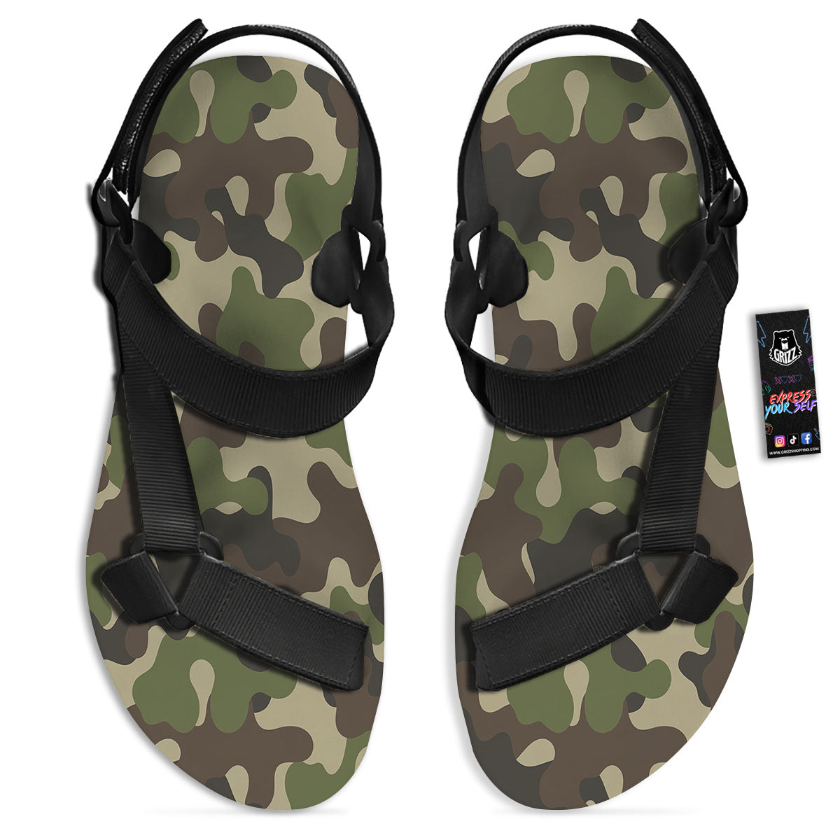 Camouflage Jungle Hunting Print Black Open Toe Sandals-grizzshop