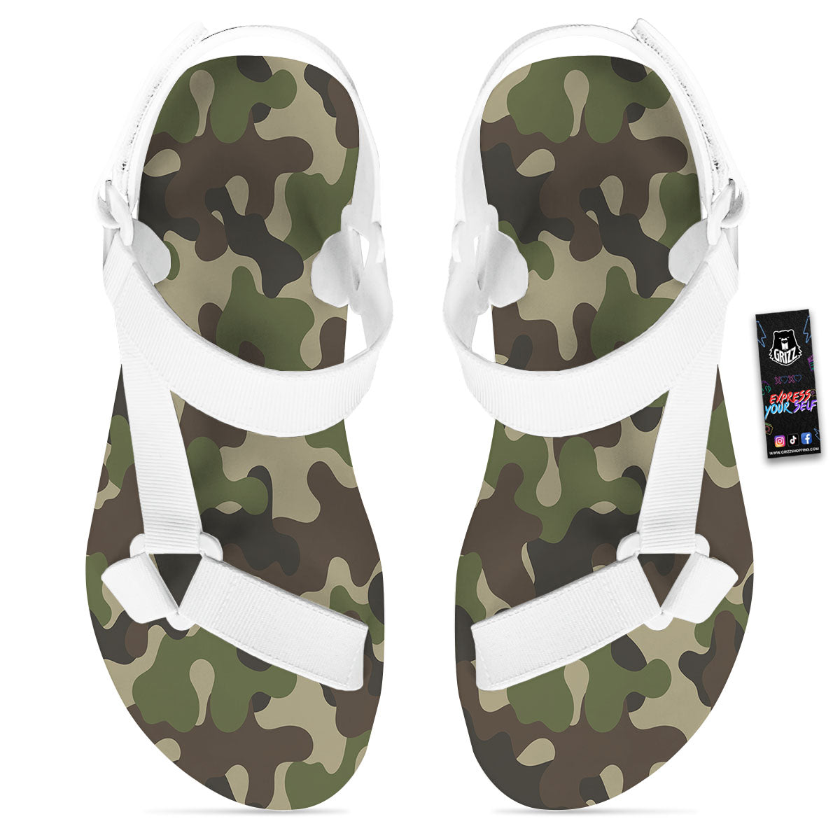 Camouflage Jungle Hunting Print White Open Toe Sandals-grizzshop
