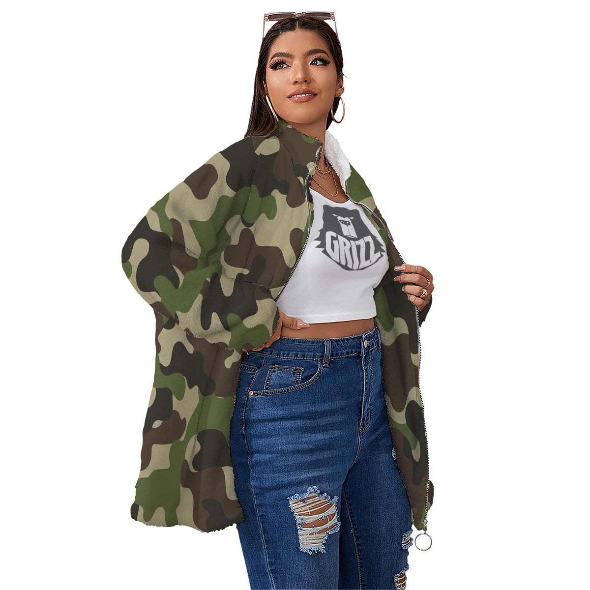 Camouflage Jungle Hunting Print Women's Sherpa Jacket-grizzshop