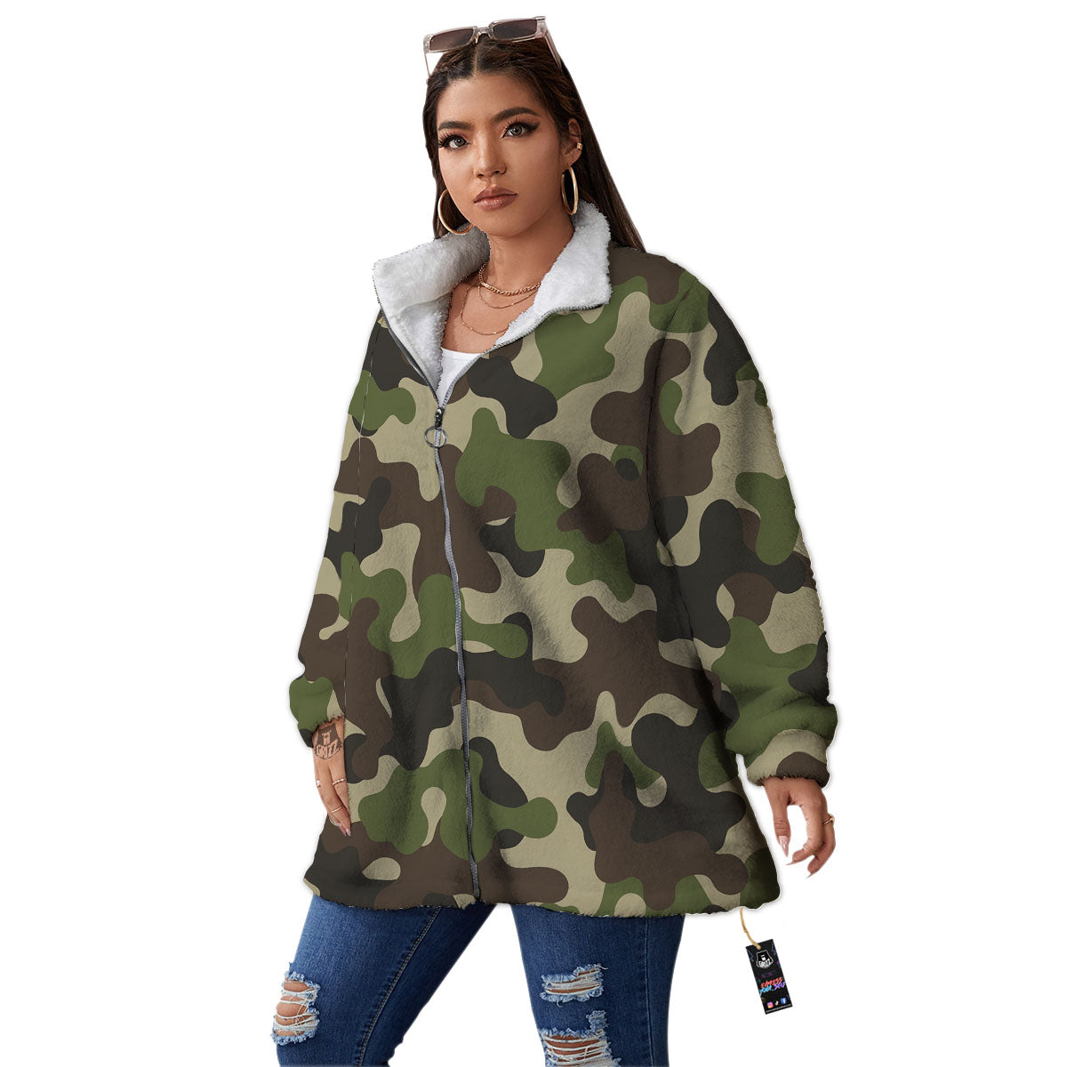 Camouflage Jungle Hunting Print Women's Sherpa Jacket-grizzshop