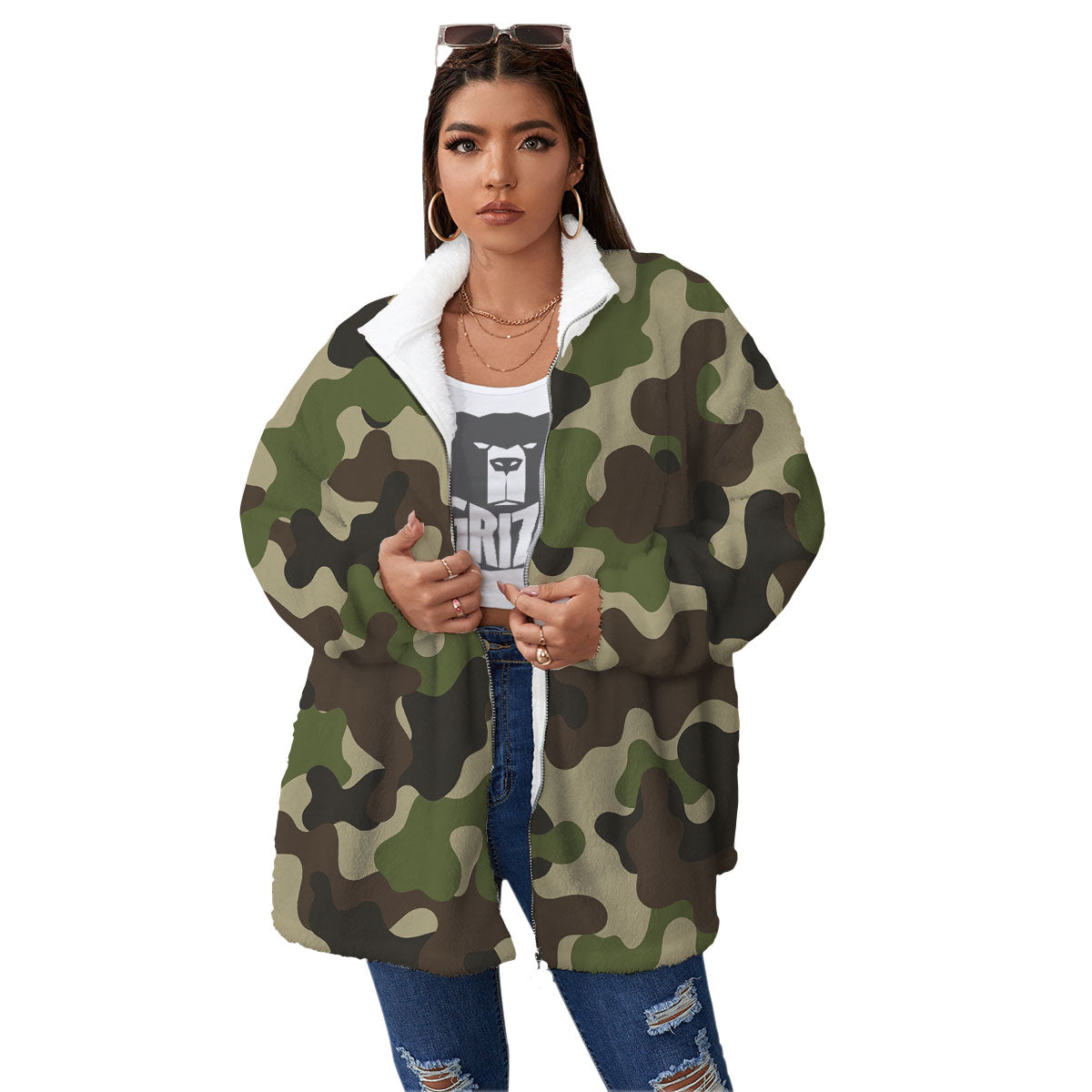 Camouflage Jungle Hunting Print Women's Sherpa Jacket-grizzshop