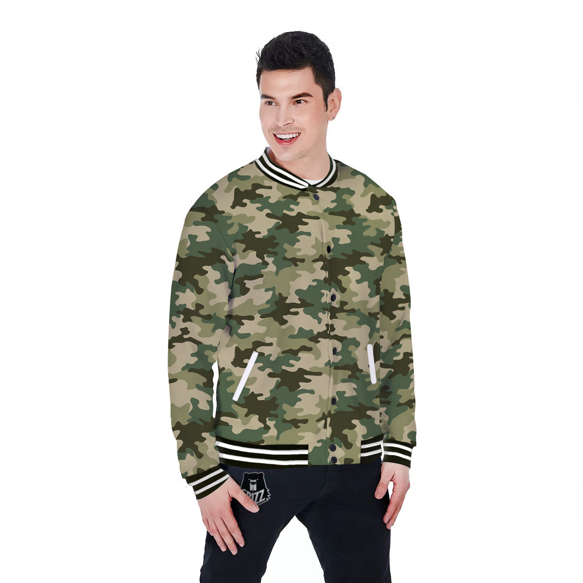 Camouflage Military Green Print Baseball Jacket-grizzshop