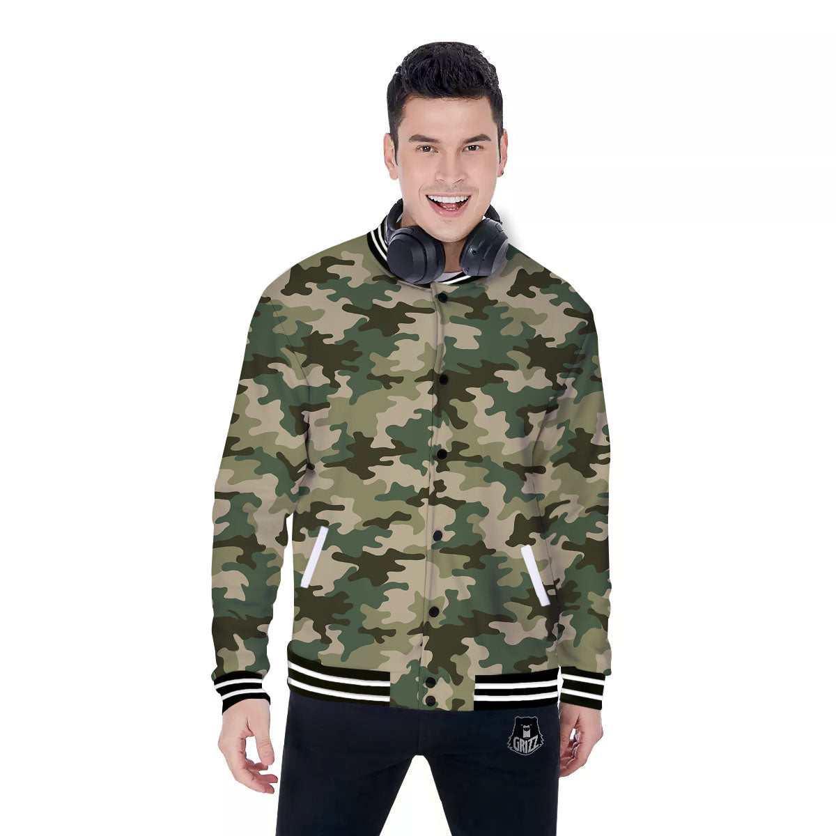 Camouflage Military Green Print Baseball Jacket-grizzshop