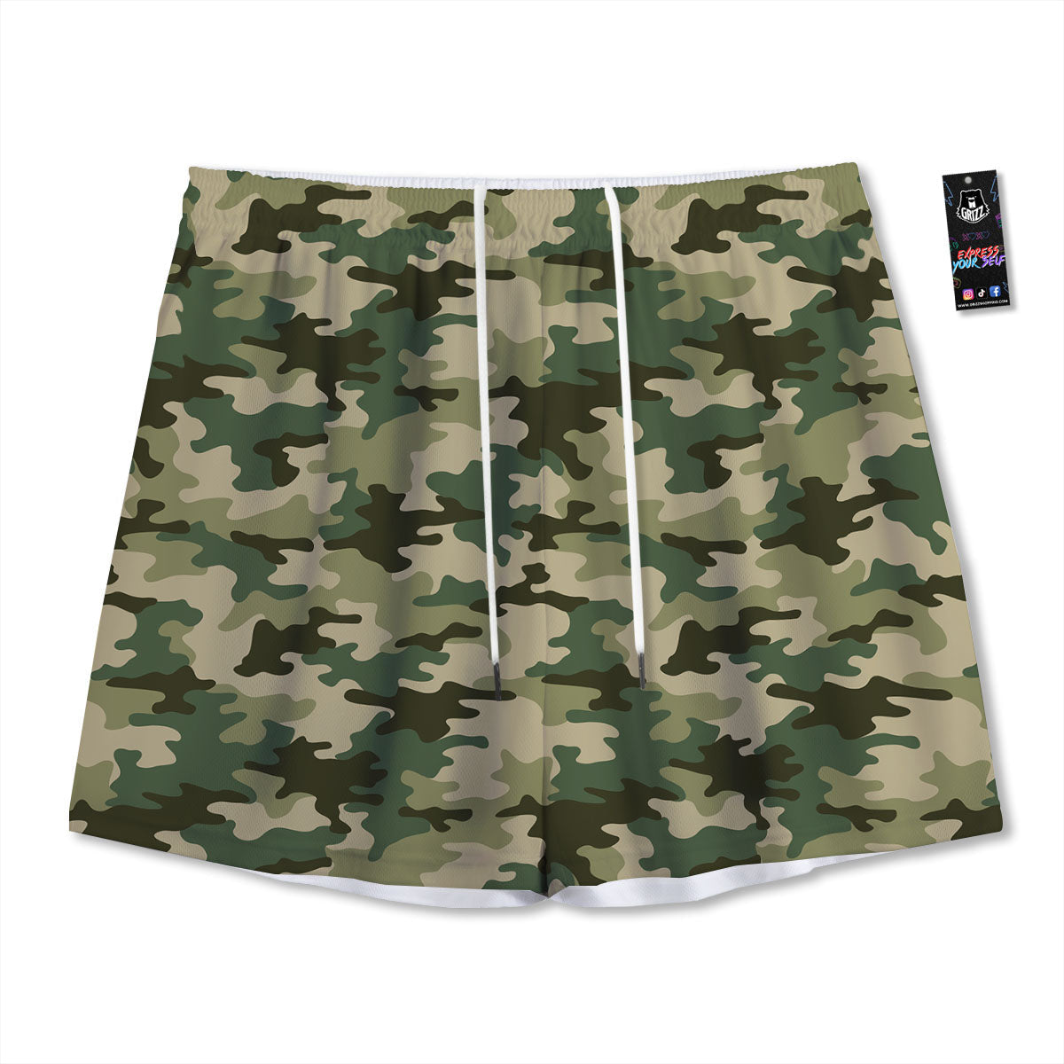 Camouflage Military Green Print Mesh Shorts