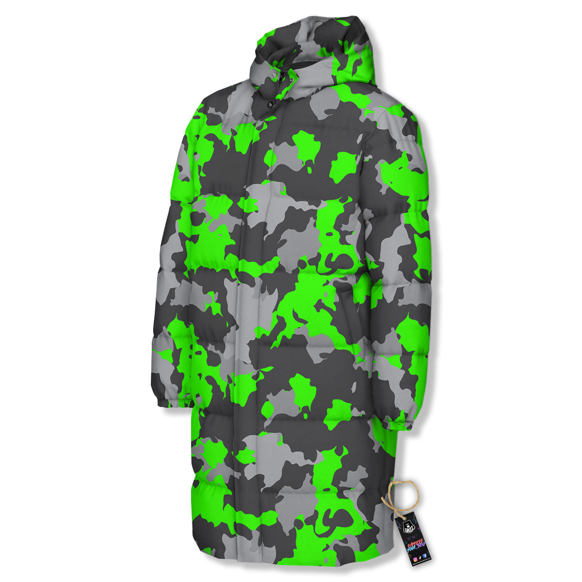 Camouflage Neon Print Long Down Jacket-grizzshop