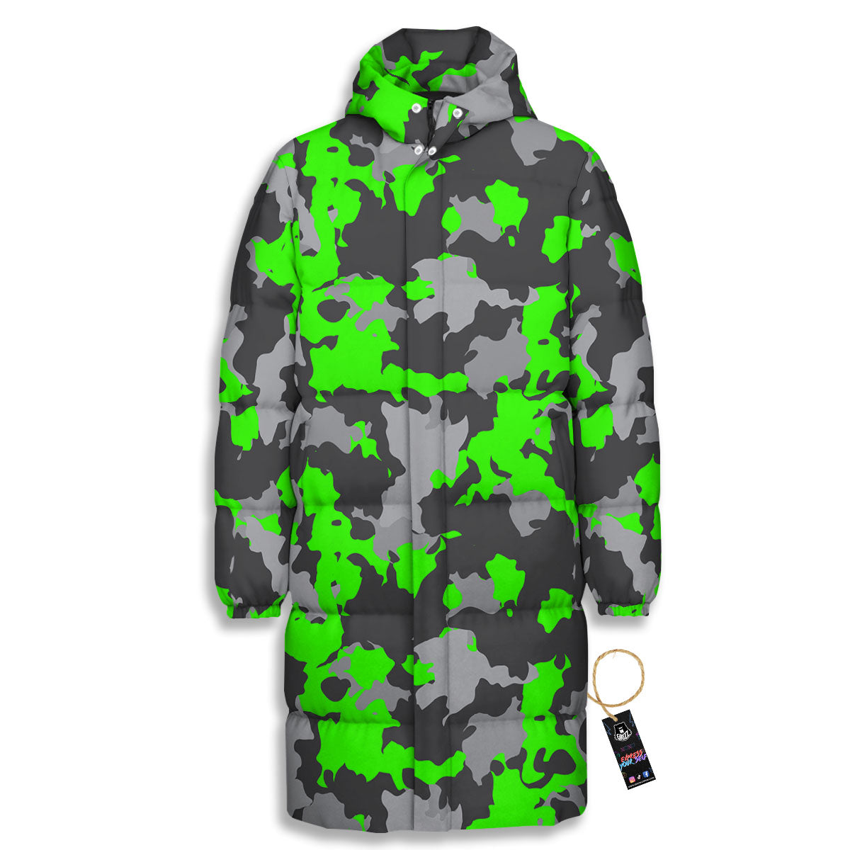 Camouflage Neon Print Long Down Jacket-grizzshop