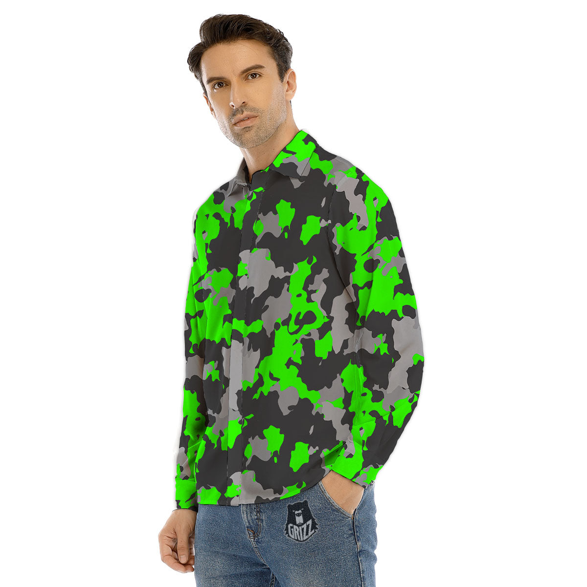 Camouflage Neon Print Men's Dress Shirts-grizzshop