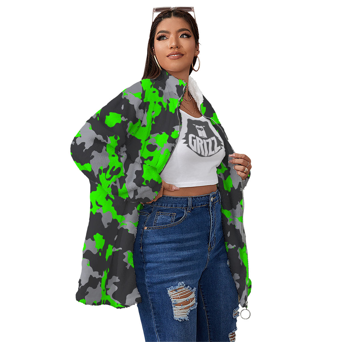 Camouflage Neon Print Women's Sherpa Jacket-grizzshop