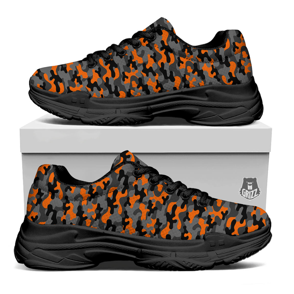 Camouflage Orange And Black Print Black Chunky Shoes-grizzshop