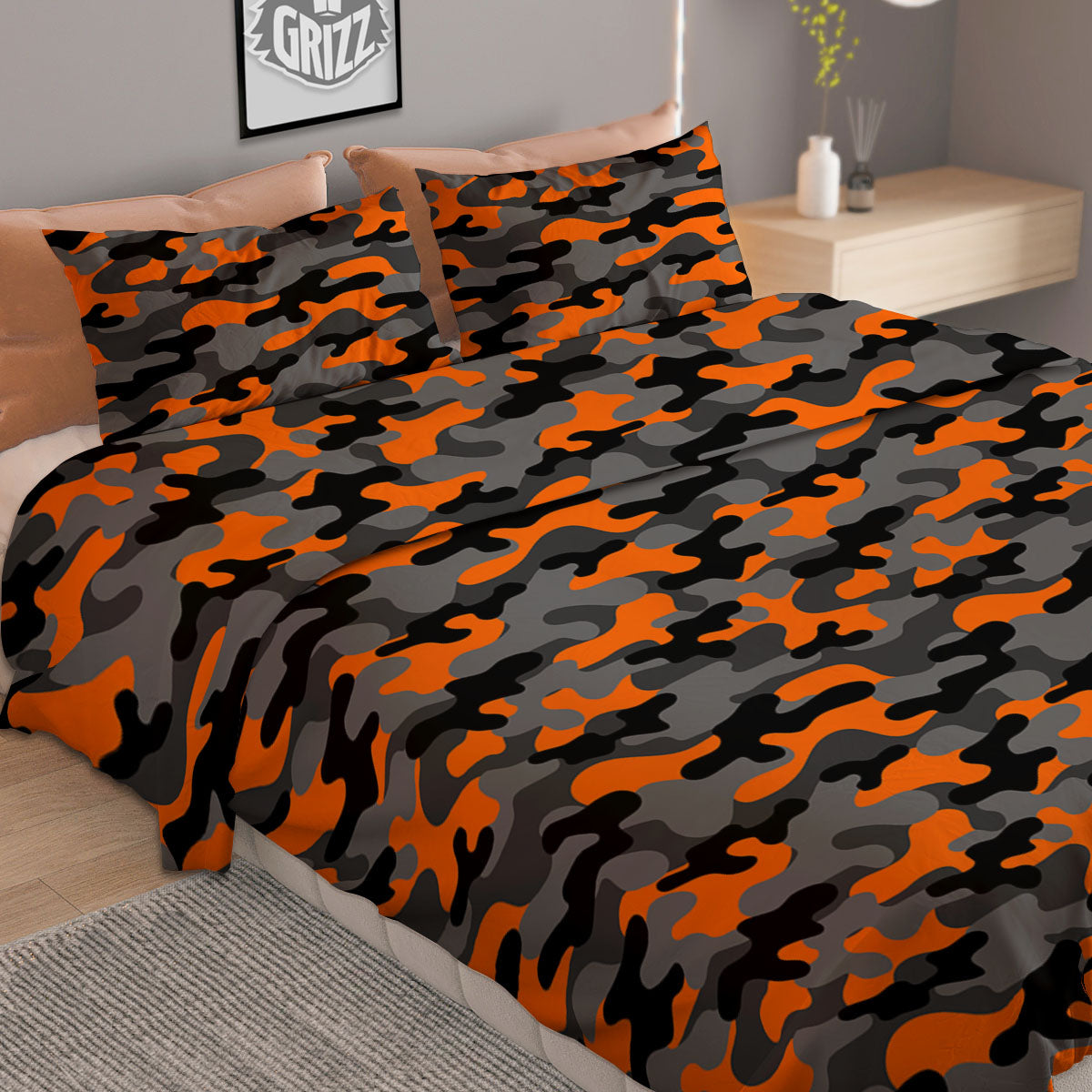 Camouflage Orange And Black Print Duvet Cover Bedding Set