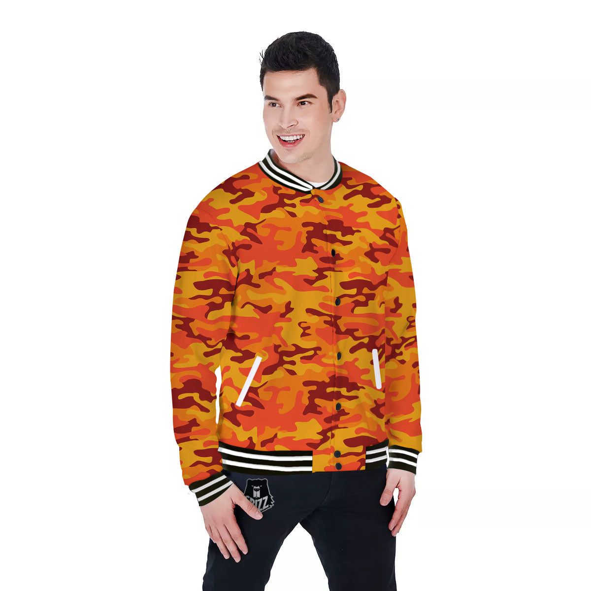 Camouflage Orange Print Baseball Jacket-grizzshop