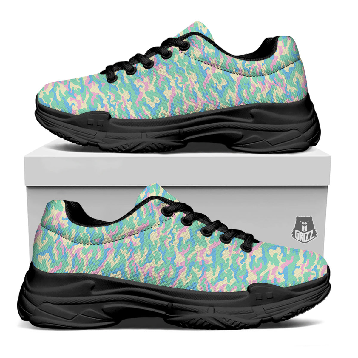 Camouflage Pastel Colors Print Pattern Black Chunky Shoes-grizzshop
