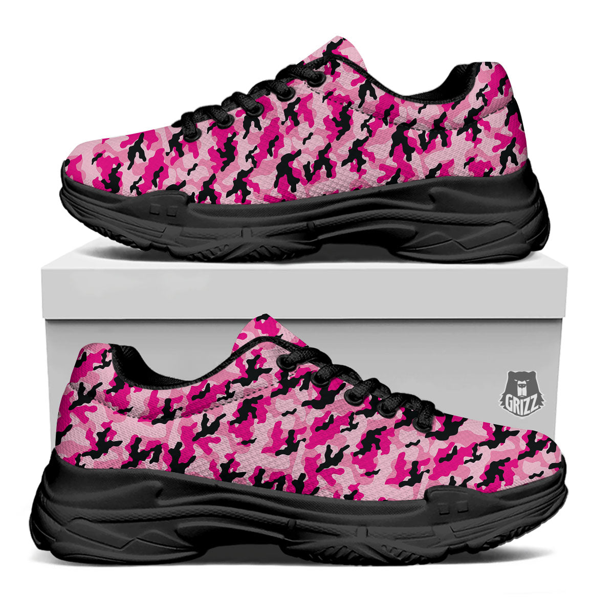 Camouflage Pink And Black Print Black Chunky Shoes-grizzshop