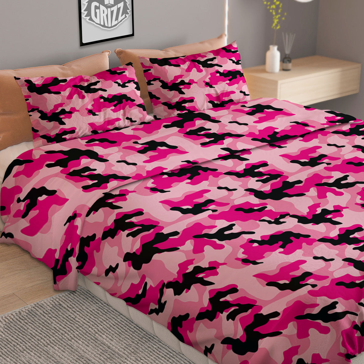 Camouflage Pink And Black Print Duvet Cover Bedding Set