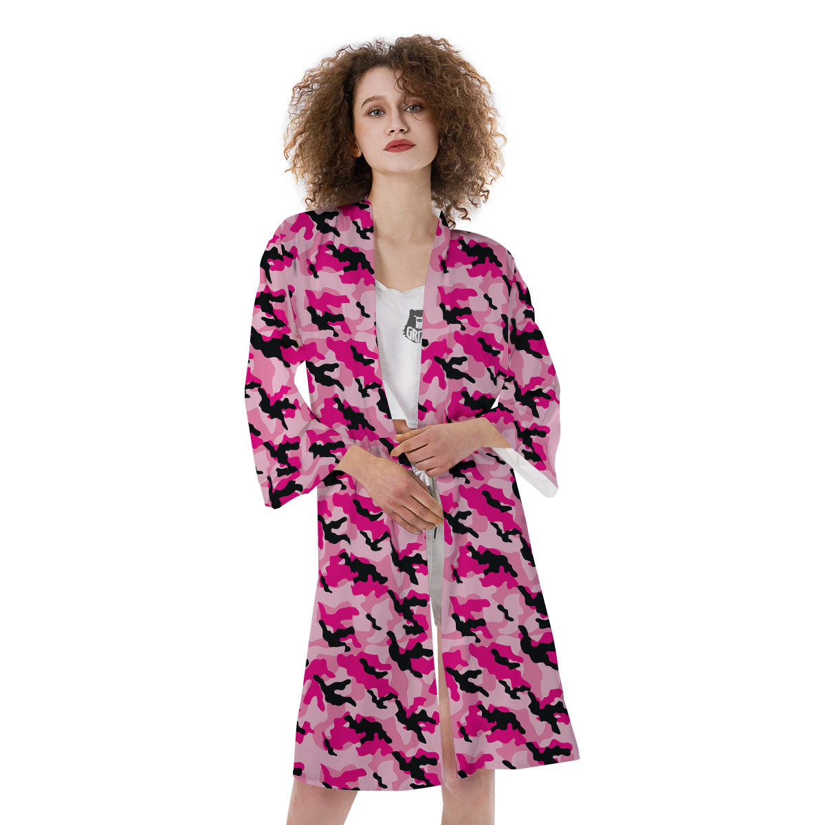 Camouflage Pink And Black Print Kimono-grizzshop