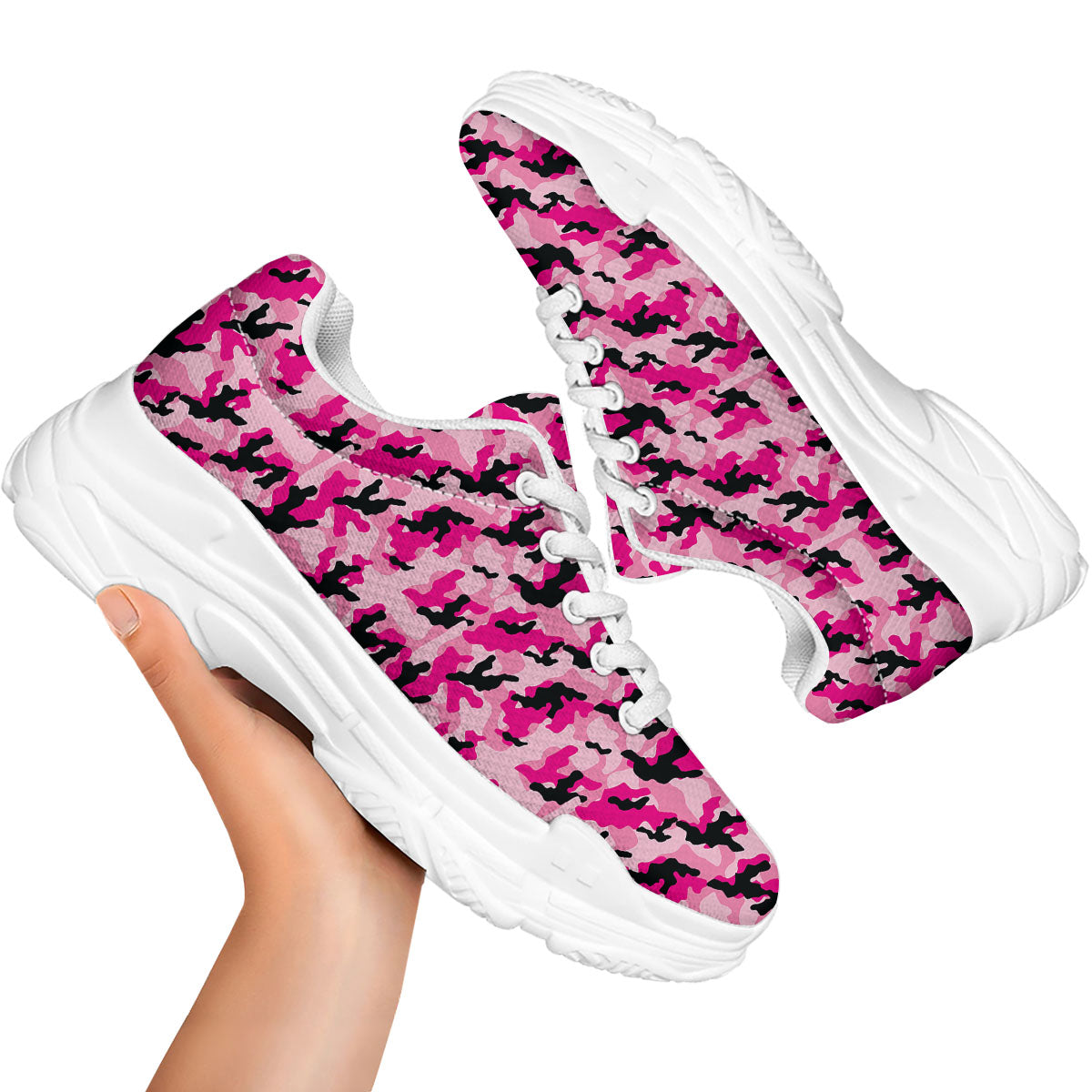 Camouflage Pink And Black Print White Chunky Shoes-grizzshop