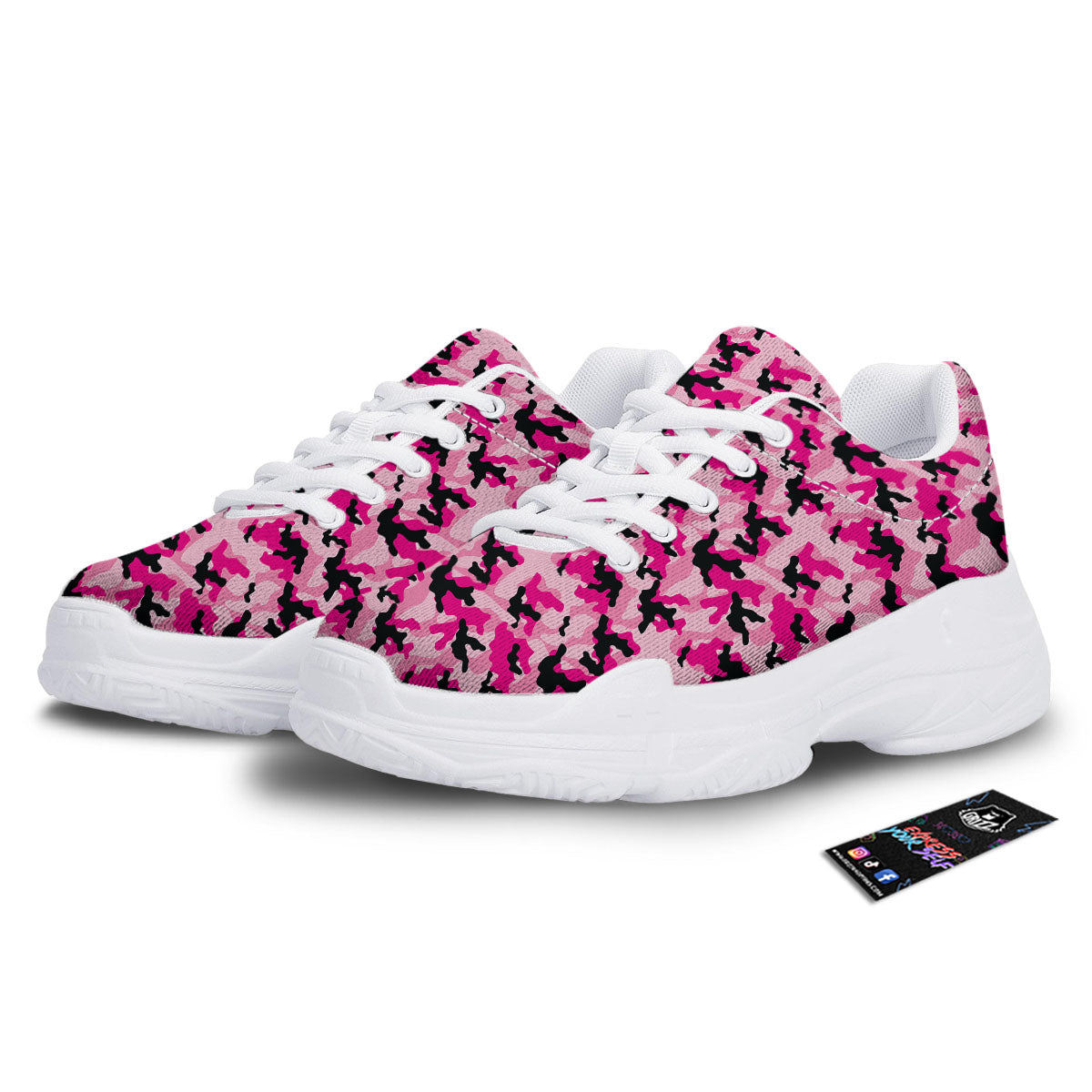Camouflage Pink And Black Print White Chunky Shoes-grizzshop