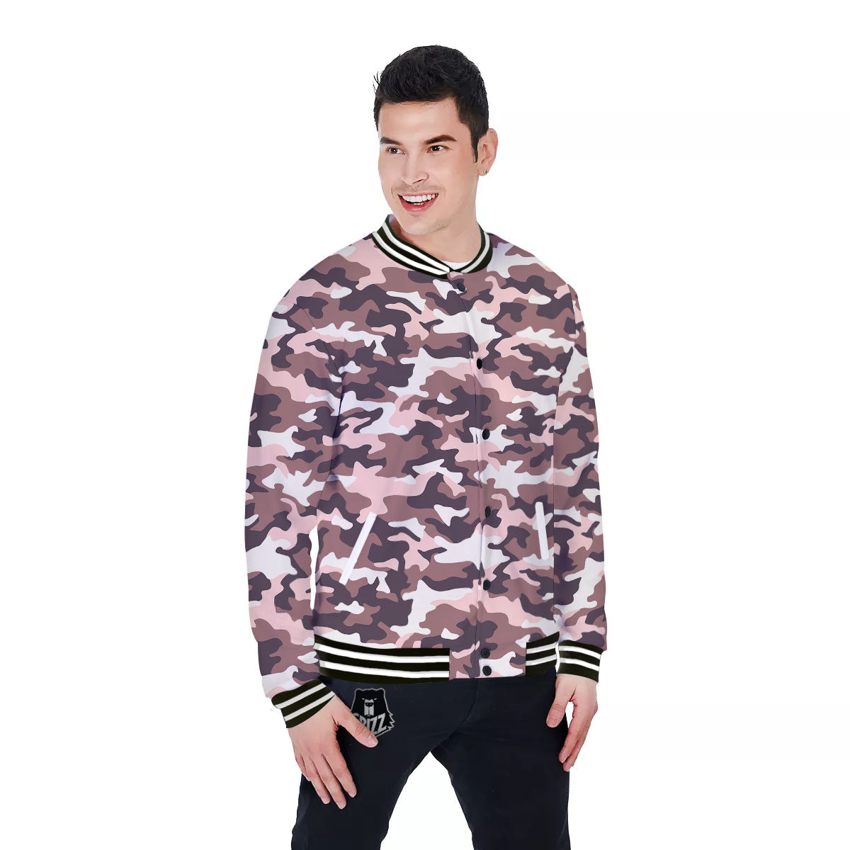 Camouflage Pink Brown Print Baseball Jacket-grizzshop