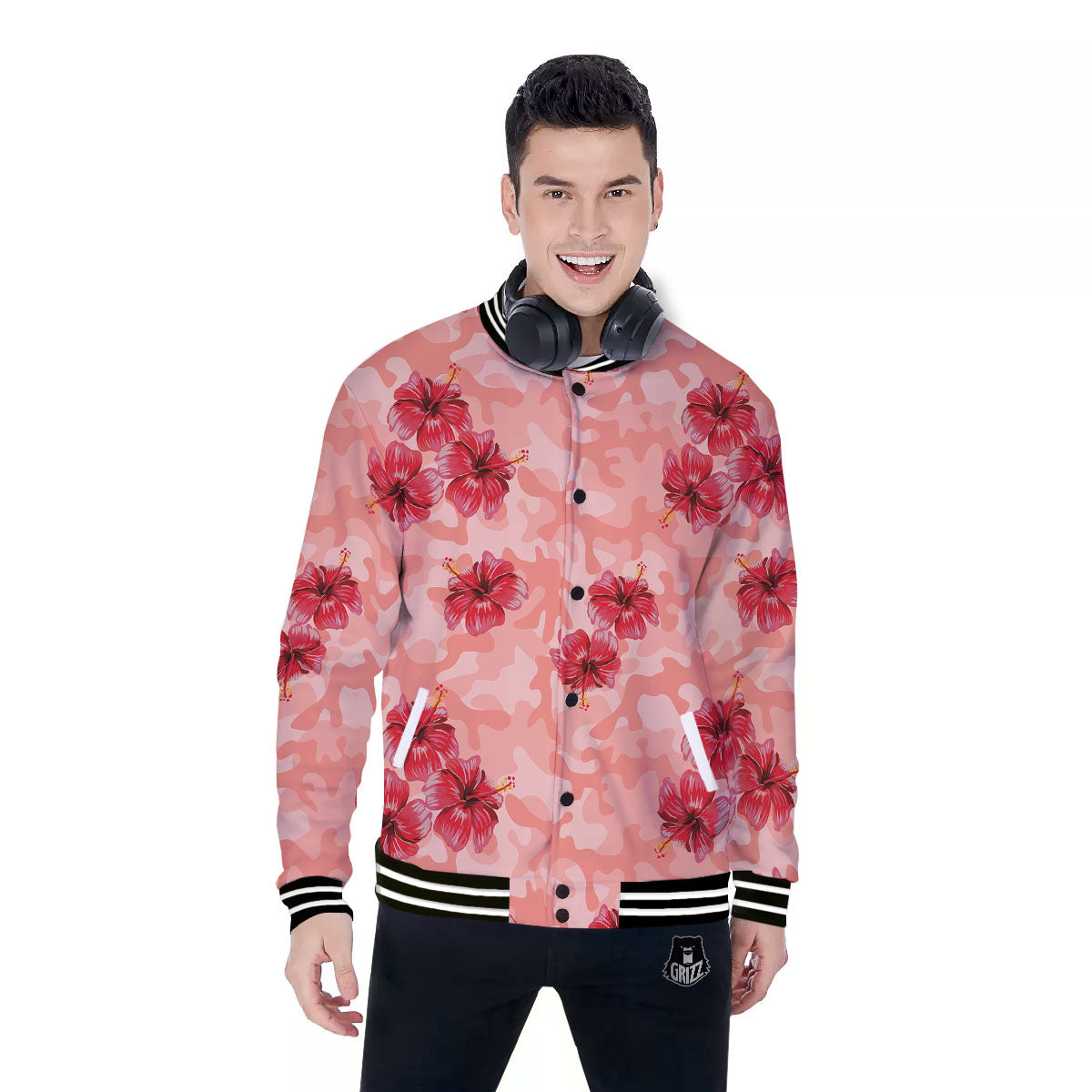 Camouflage Pink Hibiscus Flower Print Pattern Baseball Jacket-grizzshop