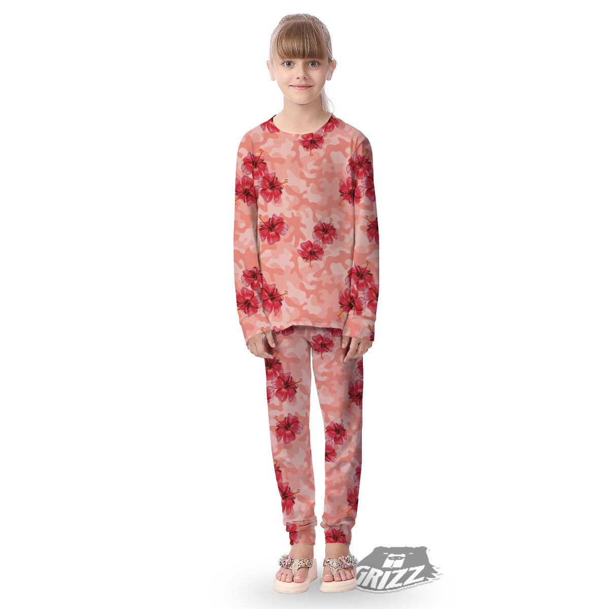 Camouflage Pink Hibiscus Flower Print Pattern Kid's Pajamas-grizzshop
