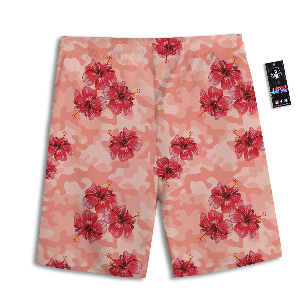 Camouflage Pink Hibiscus Flower Print Pattern Men's Athletic Shorts