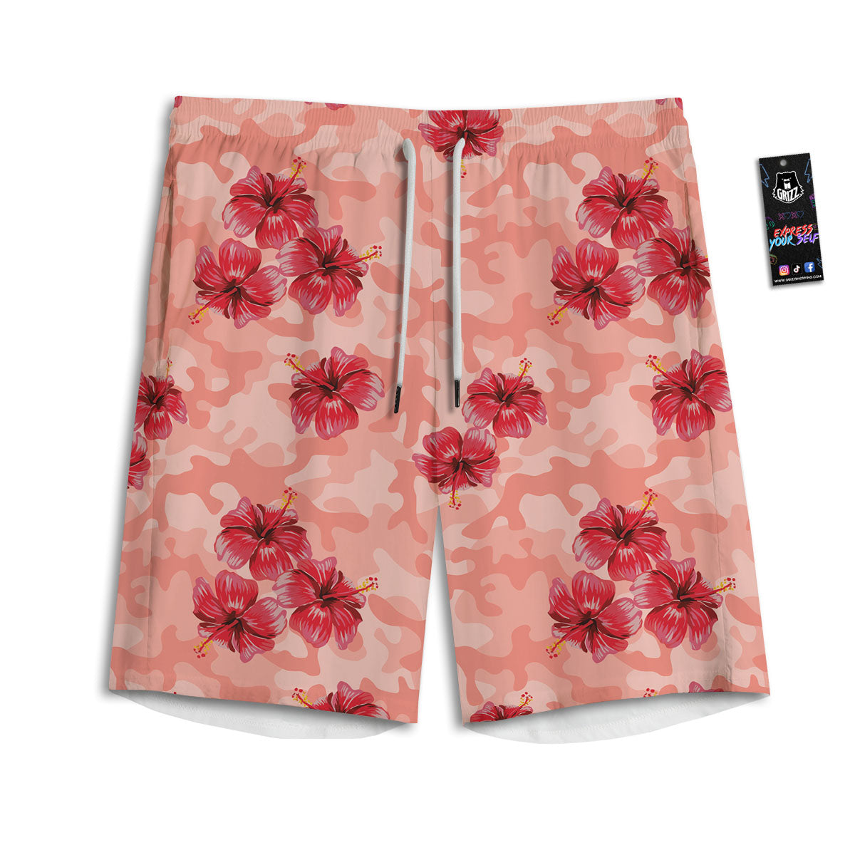 Camouflage Pink Hibiscus Flower Print Pattern Men's Athletic Shorts